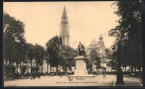 AK Anvers, Place Vert, Cathédrale et statue Rubens