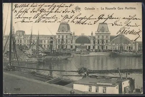 AK Ostende, La Nouvelle Gare Maritime, Bahnhof, Hafen, Segelschiffe