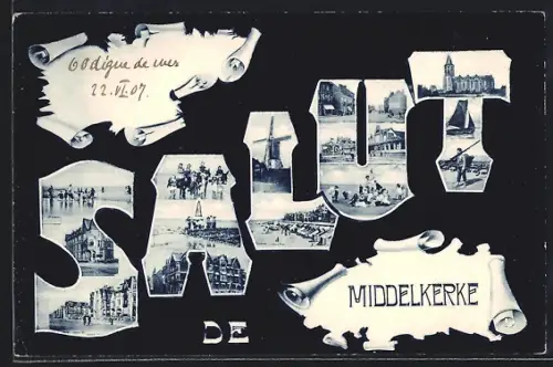 AK Middelkerke, Schriftzug Salut mit Kirche, Windmühle und Strandpartie