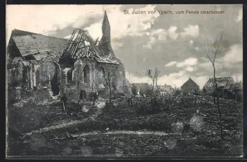 AK Ypern, Kirche St. Julien vom Feinde zerschossen