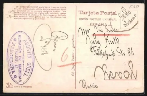 AK Barcelona, Paseo de Gracia No. 92, Construcciones Modernas a vista de pajaro, Strassenbahn