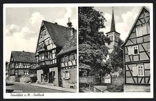 AK Frankfurt-Seckbach, Rathaus, Evangel. Marienkirche