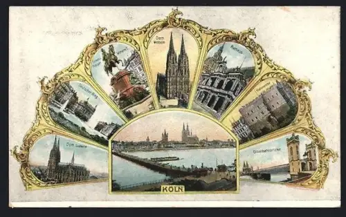 AK Köln, Rathaus, Dom Westseite, Deutscher Ring, Eisenbahnbrücke, Hahnentor