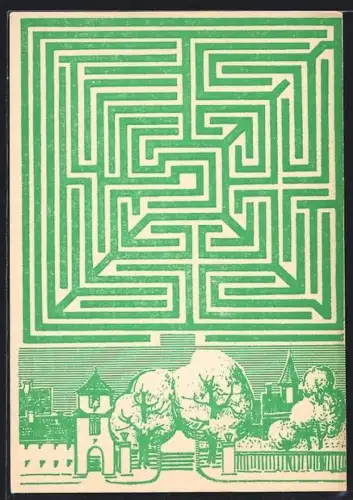 Künstler-AK Altjessnitz, Teilansicht des Ortes und Draufsicht des Irrgartens