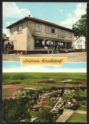 AK Brochdorf, Lebensmittel- und Feinkostgeschäft von H. Bölter, Ortsansicht aus der Vogelschau
