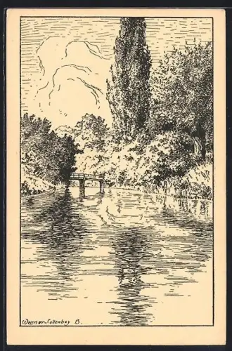 Künstler-AK Beuchlitz, Saale-Flusspartie mit Brücke