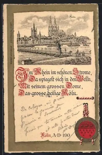 Künstler-AK Köln, Ansicht der Stadt mit Rheinbrücke und Kölner Dom, Siegel mit Wappen