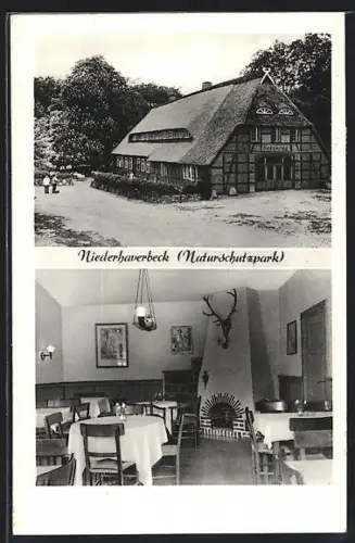 AK Niederhaverbeck, Innen- und Aussenansicht vom Gasthaus Heidekrug