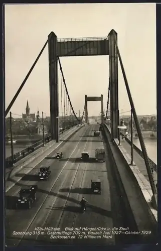 AK Köln-Mülheim, Hängebrücke mit Autos und LKW, Motorrad