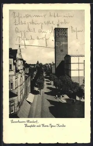 AK Leverkusen-Wiesdorf, Hauptstrasse mit Herz-Jesu-Kirche