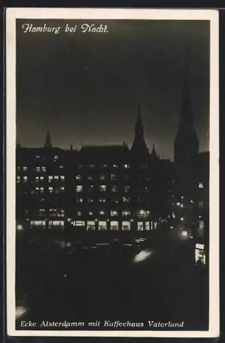 AK Hamburg, Ortspartie Ecke Alsterdamm mit Kaffeehaus Vaterland bei Nacht