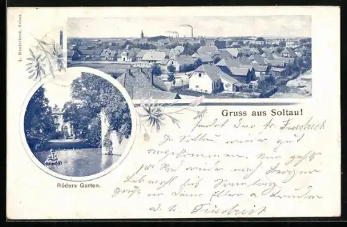 AK Soltau, Collage mit Panorama der Stadt und Röders Garten