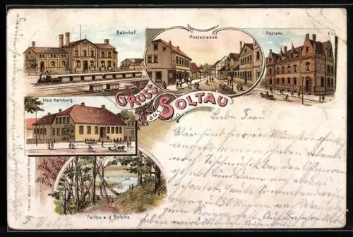Lithographie Soltau, Bahnhof, Postamt, Stadt Hamburg, Parthie a. d. Böhme