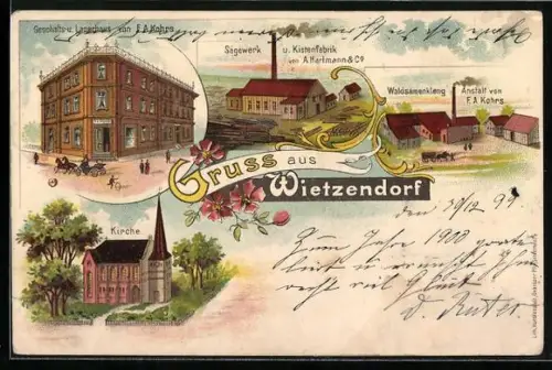 Lithographie Wietzendorf, Geschäfts- u. Lagerhaus F. A. Kohrs, Sägewerk A. Hartmann & Co, Waldsamenkleng