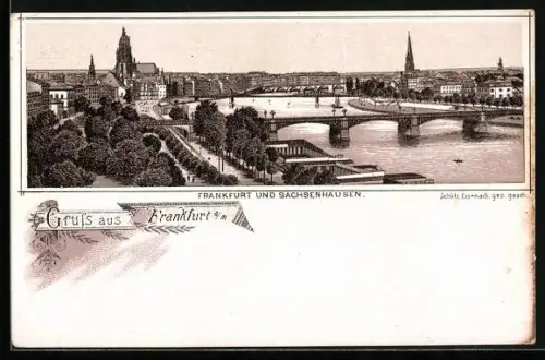 Lithographie Frankfurt-Sachsenhausen, Gesamtansicht der Stadt