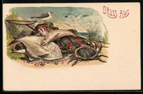 AK Scholle, Krebs, Kescher, Möwen am Strand