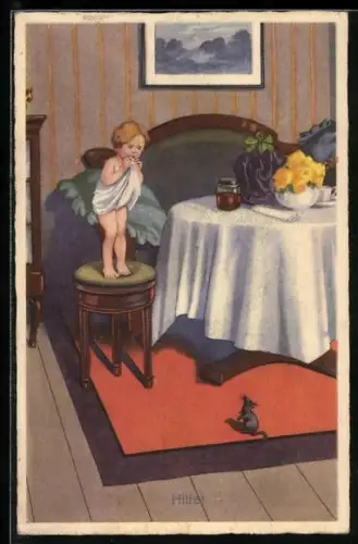 AK Mädchen fürchtet sich vor einer Maus