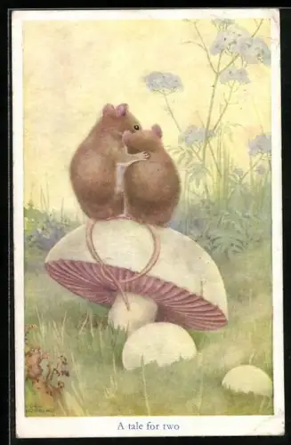 Künstler-AK A tale for two, Mäusepaar auf einem Pilz