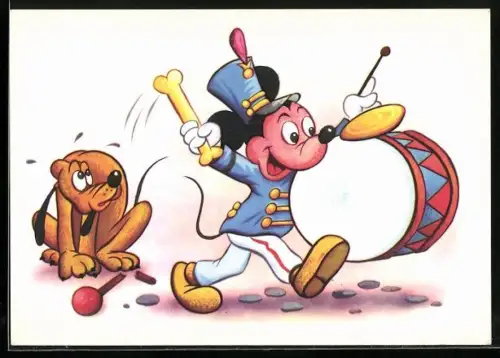 AK Mickey Mouse mit Trommel und Hund