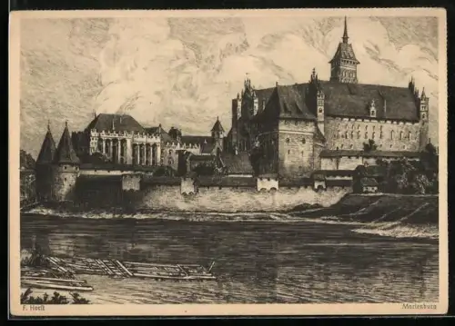 Künstler-AK Marienburg-Malbork, Blick vom Wasser zur Burg