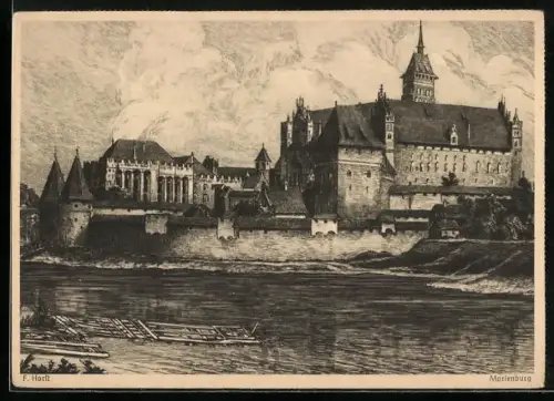Künstler-AK Marienburg-Malbork, Blick vom Wasser zur Burg