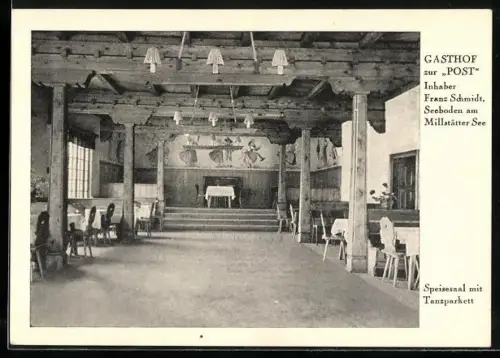 AK Seeboden am Millstätter See, Gasthof zur Post, Inh. Franz Schmidt, Speisesaal mit Tanzparkett