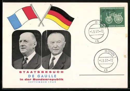 AK Staatsbesuch 1962, Charles de Gaulle, Konrad Adenauer, Fahnen