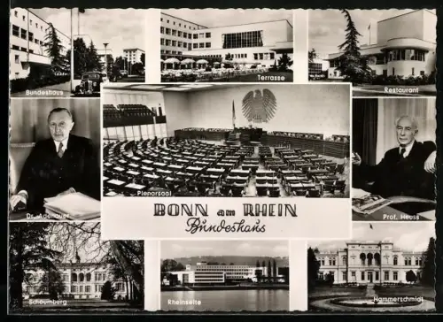 AK Bonn, Bundeshaus, Dr. Adenauer, Prof. Heuss, Schaumburg und Hammerschmidt, BRD