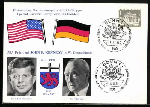 AK Adenauer und John F. Kennedy in W.-Deutschland, Bonn 1963, Sonderstempel mit USA-Wappen