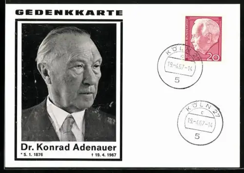 AK Konrad Adenauer, Gedenkkarte 1967, Portrait