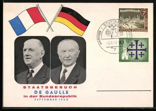 AK Staatsbesuch 1962, Charles de Gaulle, Konrad Adenauer, Fahnen