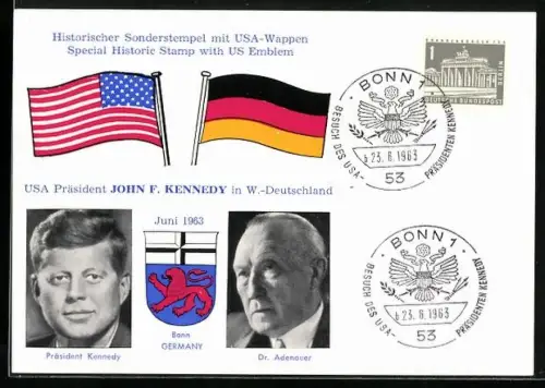 AK Adenauer und John F. Kennedy in W.-Deutschland, Bonn 1963, Sonderstempel mit USA-Wappen