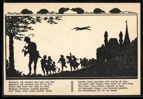 Künstler-AK Hameln, Rattenfänger u. Kinder, Ratten, Gedicht Wandern..., Schattenbild, rücks. Inschrift Rattenfängerhaus