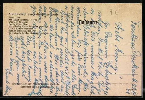 Künstler-AK Hameln, Rattenfänger u. Kinder, Ratten, Gedicht Wandern..., Schattenbild, rücks. Inschrift Rattenfängerhaus