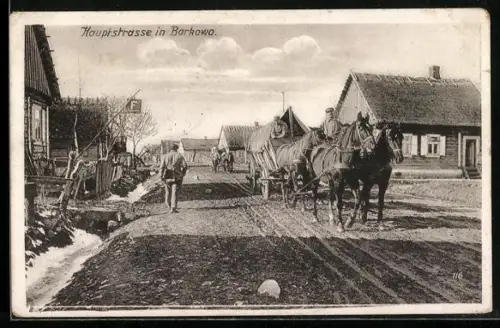AK Borkowo, Blick auf die Hauptstrasse mit Pferdegespann