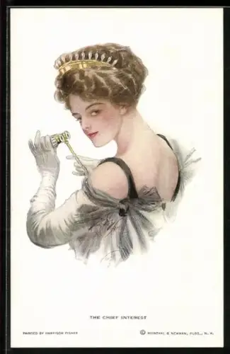 Künstler-AK Harrison Fisher: The Chief Interest, eine Dame mit Opernglas