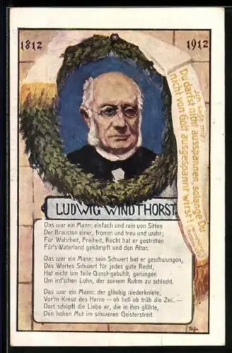 AK Ludwig Windthorst, Portrait im Kranz mit Gedicht