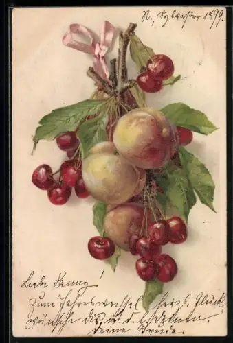 AK Stilleben mit Kirschen und Pfirsiche