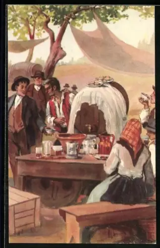 AK Ausflügler am Tisch beim Fass, portugiesische Tracht