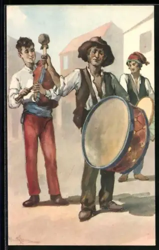 AK Drei Musikanten mit Instrumenten, portugiesische Trachten