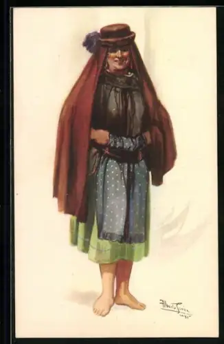 Künstler-AK Barfüssige Frau mit Kopftuch, portugiesische Tracht