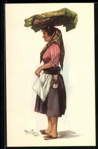 Künstler-AK sign. A. Souzz: Portugiesische Bäuerin trägt einen Korb auf dem Kopf