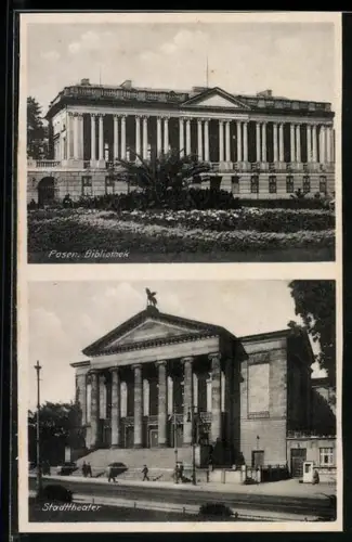 AK Posen / Poznan, Bibliothek und Stadtheater