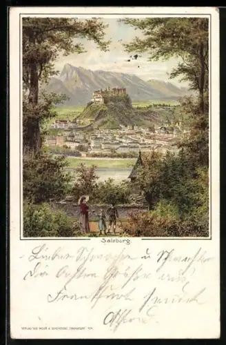 Künstler-AK Salzburg, Blick von einer Anhöhe auf die Stadt