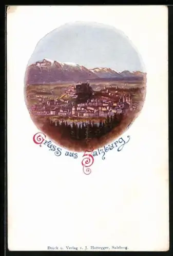 Künstler-AK Salzburg, Totalansicht mit Festung u. Bergpanorama