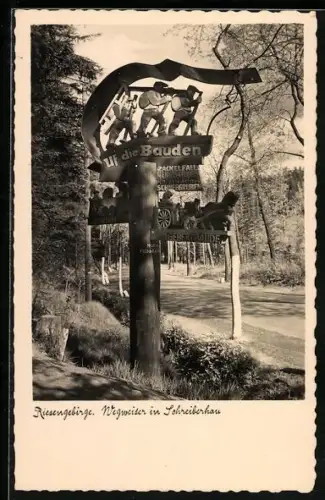 AK Schreiberhau /Riesengebirge, Wegweiser am Wege nach dem Hochgebirge