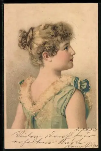 Glitzer-Perl-AK Junges Mädchen mit hochgebundenen Haaren im Sommerkleid