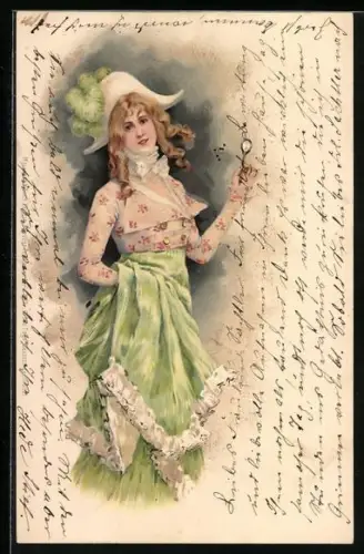 Künstler-AK M. S. M.: wunderschönes Fräulein im eleganten Kleid mit Federhut und Lorgnon