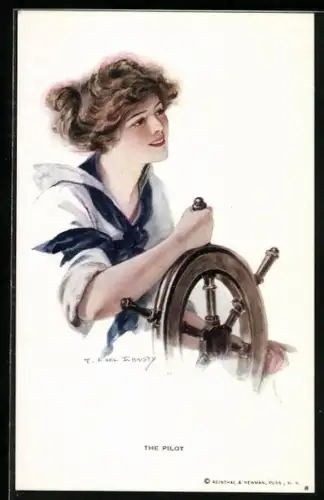 Künstler-AK F. Earl Christy: Schöne Frau am Steuerrad eines Schiffes