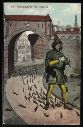 AK Der Rattenfänger von Hameln, mit Flötenspiel lockt der Rattenfänger das Ungeziefer aus der Stadt